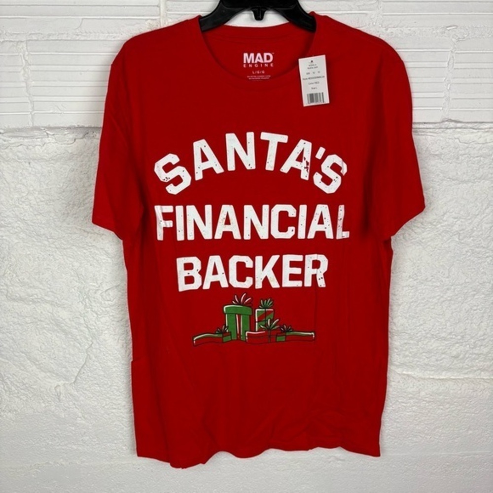 MAD Engine Red Christmas SANTAS FINANCIAL BANKER Men's Shirt size large